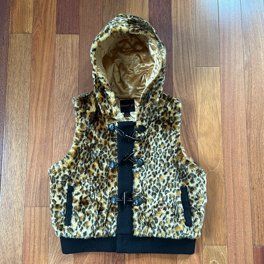 Vintage Forever 21 Faux Cheetah Leopard Fur Hoodie Vest